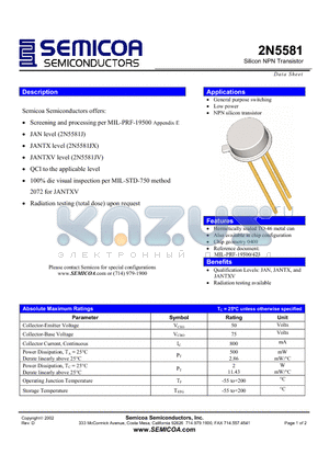 2N5581 datasheet - Silicon NPN Transistor