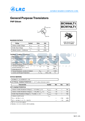 BCW70LT1 datasheet - General Purpose Transistors(PNP Silicon)
