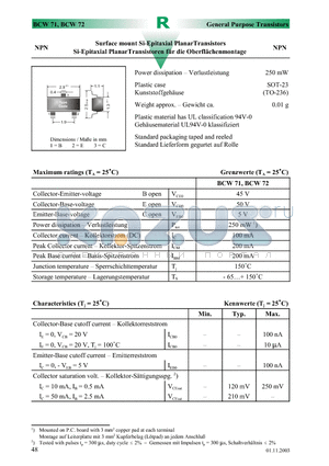 BCW71 datasheet - Surface mount Si-Epitaxial PlanarTransistors