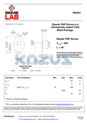 2N5597 datasheet - Bipolar PNP Device in a Hermetically sealed TO66 Metal Package