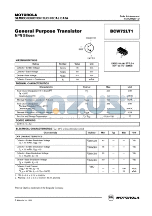 BCW72LT1 datasheet - General Purpose Transistor