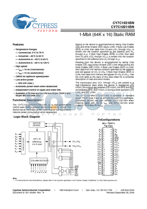 CY7C1021BNL-15ZSXA datasheet - 1-Mbit (64K x 16) Static RAM