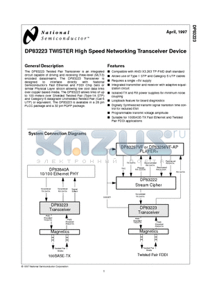 DP83223 datasheet - TWISTER High Speed Networking Transceiver Device