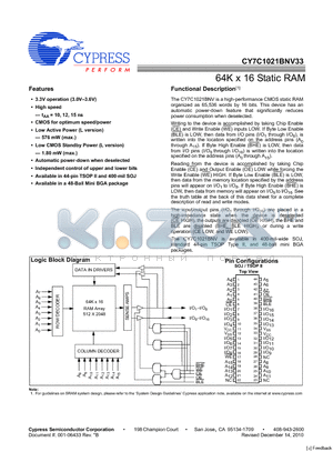 CY7C1021BNV33L-15ZXI datasheet - 64K x 16 Static RAM