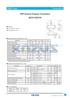 BCX17 datasheet - PNP General Purpose Transistors