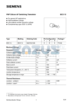 BCX13 datasheet - PNP Silicon AF Switching Transistor (For general AF applications High breakdown voltage)