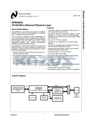 DP83840A datasheet - 10/100 Mb/s Ethernet Physical Layer