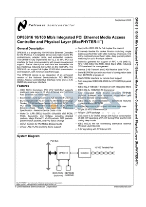 DP83816AVNG datasheet - DP83816 10/100 Mb/s Integrated PCI Ethernet Media Access Controller and Physical Layer (MacPHYTER-II)