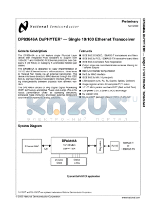 DP83846 datasheet - DsPHYTER Single 10/100 Ethernet Transceiver