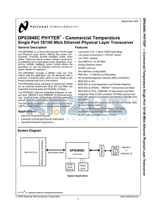 DP83848C datasheet - PHYTER - Commercial Temperature Single Port 10/100 Mb/s Ethernet Physical Layer Transceiver