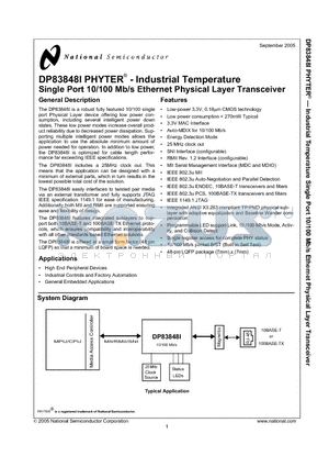 DP83848I datasheet - Industrial Temperature Single Port 10/100 Mb/s Ethernet Physical Layer Transceiver