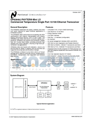 DP83848J datasheet - PHYTER^ Mini LS Commercial Temperature Single Port 10/100 Ethernet Transceiver