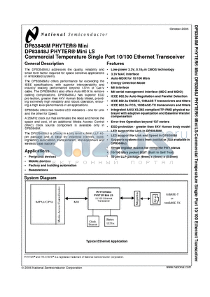 DP83848J datasheet - PHYTER^ Mini / PHYTER^ Mini LS Commercial Temperature Single Port 10/100 Ethernet Tran