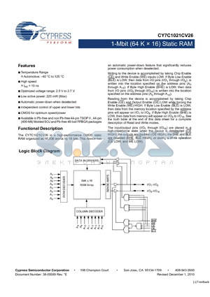 CY7C1021CV26 datasheet - 1-Mbit (64 K  16) Static RAM