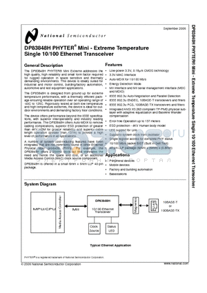 DP83848H datasheet - PHYTER^ Mini - Extreme Temperature Single 10/100 Ethernet Transceiver