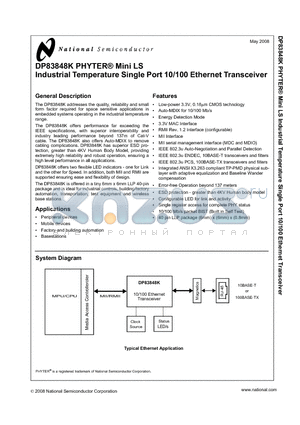 DP83848K datasheet - PHYTER^ Mini LS Industrial Temperature Single Port 10/100 Ethernet Transceiver