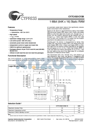 CY7C1021CV26-15ZSE datasheet - 1-Mbit (64K x 16) Static RAM