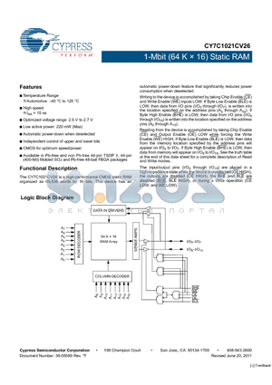 CY7C1021CV26-15ZSXET datasheet - 1-Mbit (64 K x 16) Static RAM CMOS for optimum speed/power