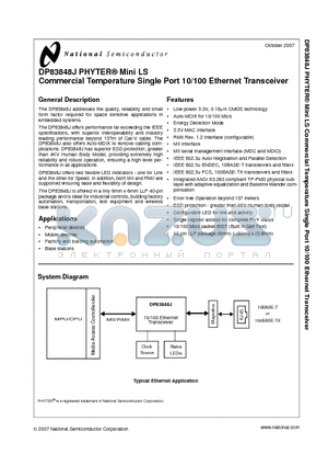 DP83848J_07 datasheet - PHYTER^ Mini LS Commercial Temperature Single Port 10/100 Ethernet Transceiver