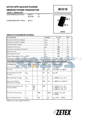 BCX19R datasheet - NPN SILICON PLANAR MEDIUM POWER TRANSISTOR