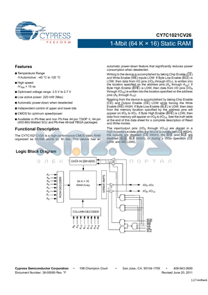 CY7C1021CV26-15VXE datasheet - 1-Mbit (64 K x 16) Static RAM CMOS for optimum speed/power