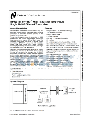 DP83848T_07 datasheet - Industrial Temperature Single 10/100 Ethernet Transceiver