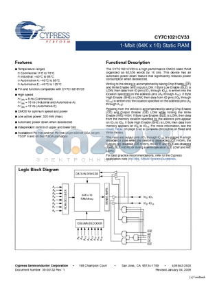 CY7C1021CV33-10VXC datasheet - 1-Mbit (64K x 16) Static RAM