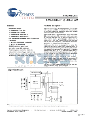 CY7C1021CV33-10VXC datasheet - 1-Mbit (64K x 16) Static RAM