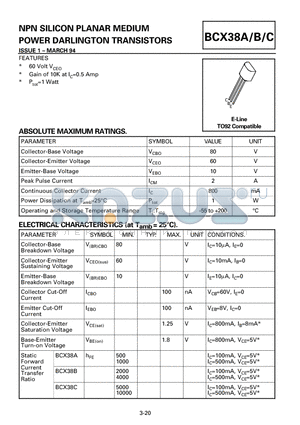 BCX38A datasheet - NPN SILICON PLANAR MEDIUM POWER DARLINGTON TRANSISTORS