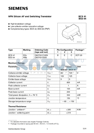 BCX41 datasheet - NPN Silicon AF and Switching Transistor (High breakdown voltage Low collector-emitter saturation voltage)