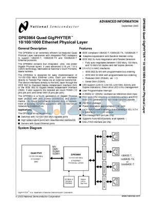 DP83864 datasheet - DP83864 Quad GigPHYTER 10/100/1000 Ethernet Physical Layer