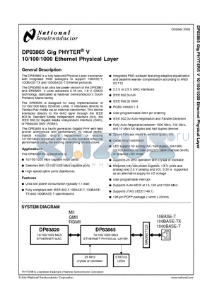 DP83865 datasheet - DP83865 Gig PHYTER V 10/100/1000 Ethernet Physical Layer