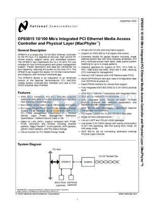 DP83815DUJB datasheet - 10/100 Mb/s Integrated PCI Ethernet Media Access Controller and Physical Layer (MacPhyter)