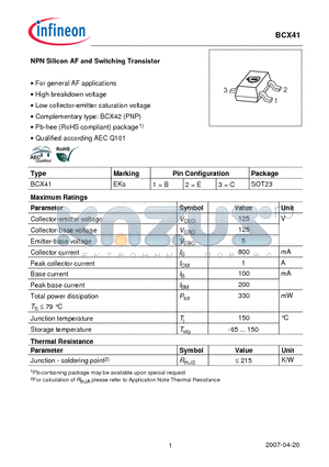 BCX41 datasheet - NPN Silicon AF and Switching Transistor