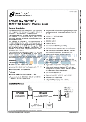 DP83865 datasheet - 10/100/1000 Ethernet Physical Layer