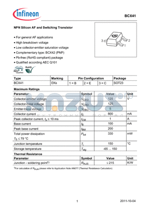 BCX41E6327 datasheet - NPN Silicon AF and Switching Transistor