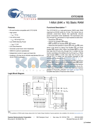 CY7C1021D datasheet - 1-Mbit (64K x 16) Static RAM