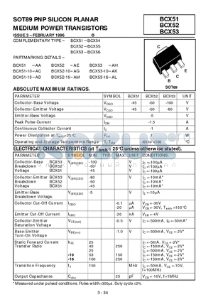 BCX51 datasheet - SOT89 PNP SILICON PLANAR MEDIUM POWER TRANSISTORS