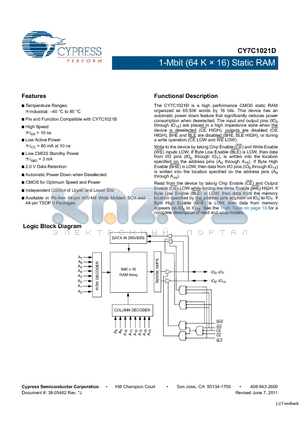 CY7C1021D-10ZSXI datasheet - 1-Mbit (64 K  16) Static RAM CMOS for Optimum Speed and Power