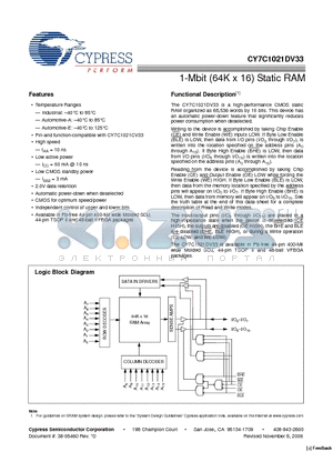 CY7C1021DV33 datasheet - 1-Mbit (64K x 16) Static RAM