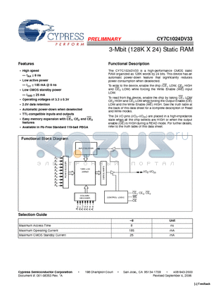 CY7C1024DV33 datasheet - 3-Mbit (128K X 24) Static RAM