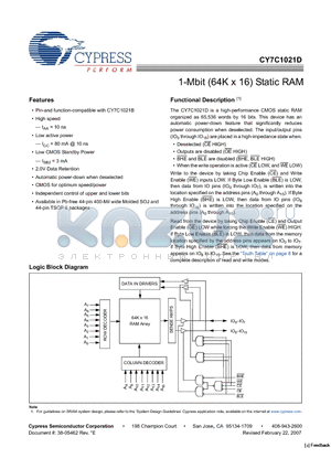 CY7C1021D-10ZSXI datasheet - 1-Mbit (64K x 16) Static RAM