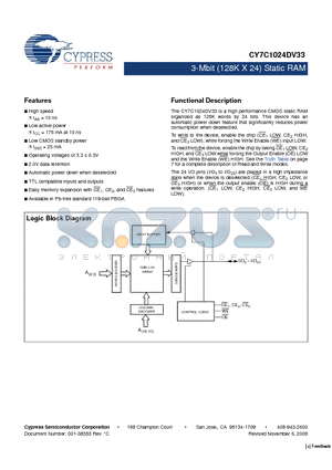 CY7C1024DV33-10BGXI datasheet - 3-Mbit (128K X 24) Static RAM