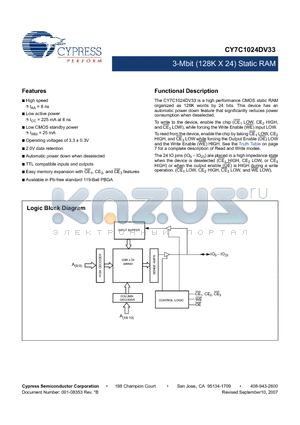 CY7C1024DV33-8BGXC datasheet - 3-Mbit (128K X 24) Static RAM