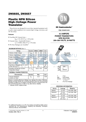 2N5657 datasheet - Plastic NPN Silicon High−Voltage Power Transistor