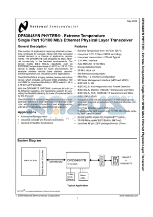DP83848YB_08 datasheet - PHYTER^ - Extreme Temperature Single Port 10/100 Mb/s Ethernet Physical Layer Transceiver