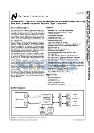 DP83849I datasheet - DP83849I PHYTER DUAL Industrial Temperature with Flexible Port Switching Dual Port 10/100 Mb/s Ethernet Physical Layer Transceiver