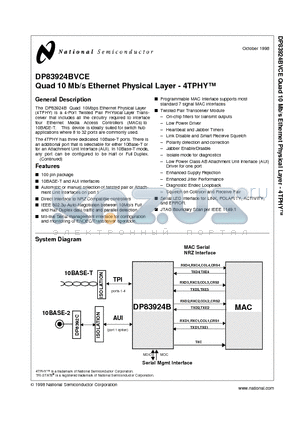 DP83924BVCE datasheet - Quad 10 Mb/s Ethernet Physical Layer - 4TPHY