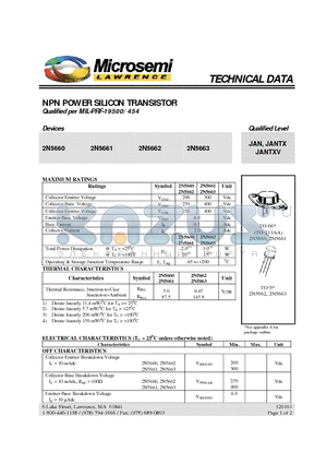 2N5660 datasheet - NPN POWER SILICON TRANSISTOR