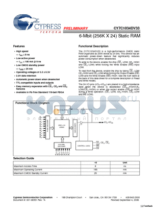 CY7C1034DV33-8BGXC datasheet - 6-Mbit (256K X 24) Static RAM